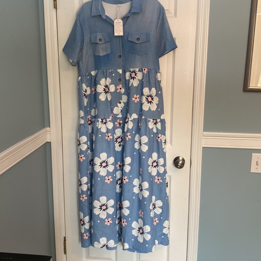 Light denim color maxi dress with blue and pink flowers